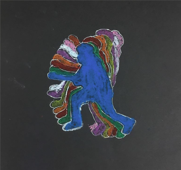This is an image of the concentric outline of a body in motion. The body shapes are a variety of different colors created with oil pastel. The background is black paper.